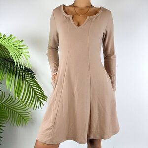 Women's Brown Boho Casual Long Sleeve Fit & Flare Comfy Mini Pocket Dress / S